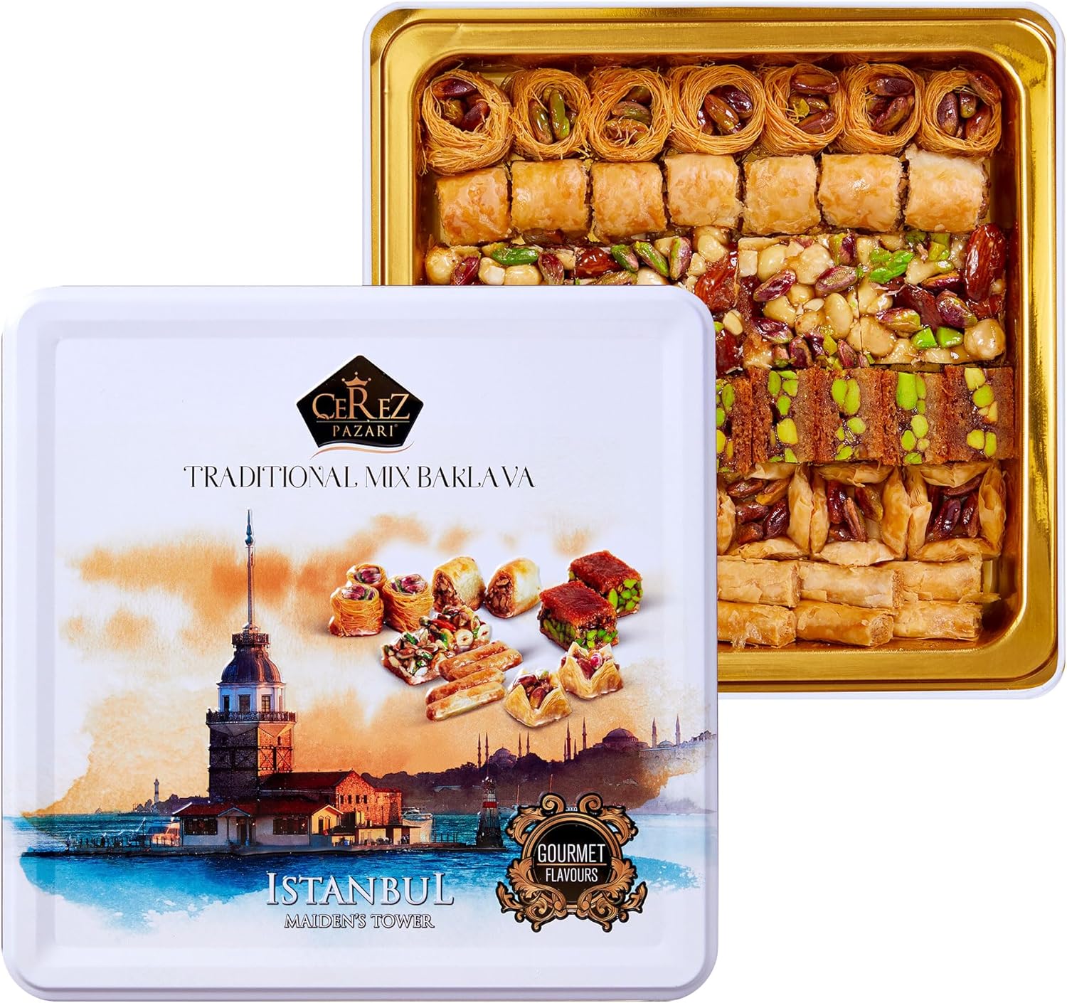 Cerez Pazari Baklava Pastry Gift Set - Turkish Baklava Pastry With Nuts & Spices - Baklava Gift Box From Turkey - Pastry, Halal Snacks - Assorted 45-48 Pieces Per Metal Dessert Box - 1.32 lbs