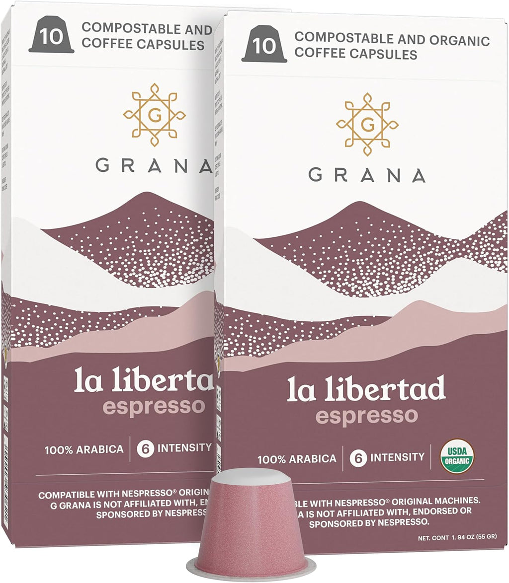 G GRANA Coffee Pods, Compatible with Nespresso OriginalLine, 20 Pack, Medium-Dark Roast, USDA Organic 100% Arabica Single Source Specialty Coffee, Compostable Single Serve Capsules, La Libertad