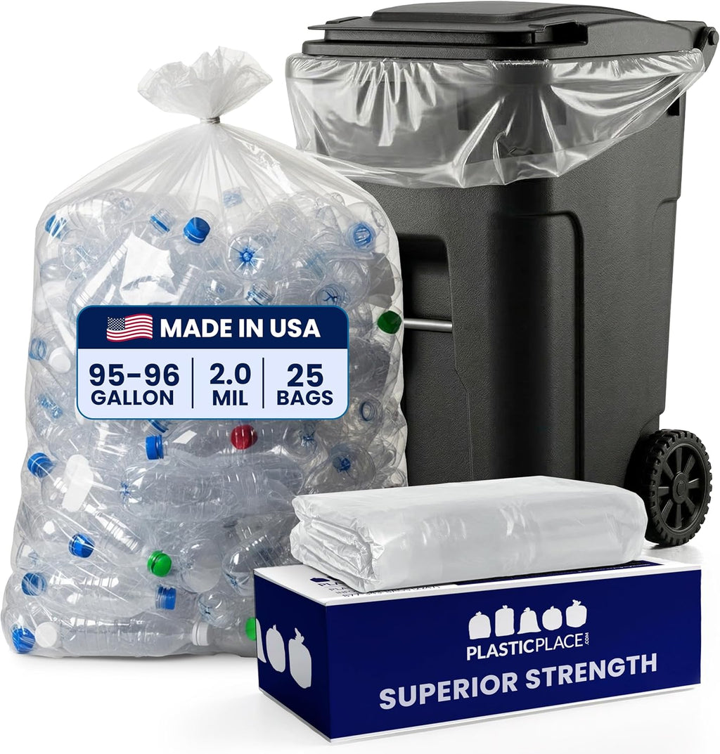 Plasticplace 95-96 gallon Garbage Can Liners │ 2 Mil │ Clear Heavy Duty Trash Bags │ 61” X 68” (25Count)