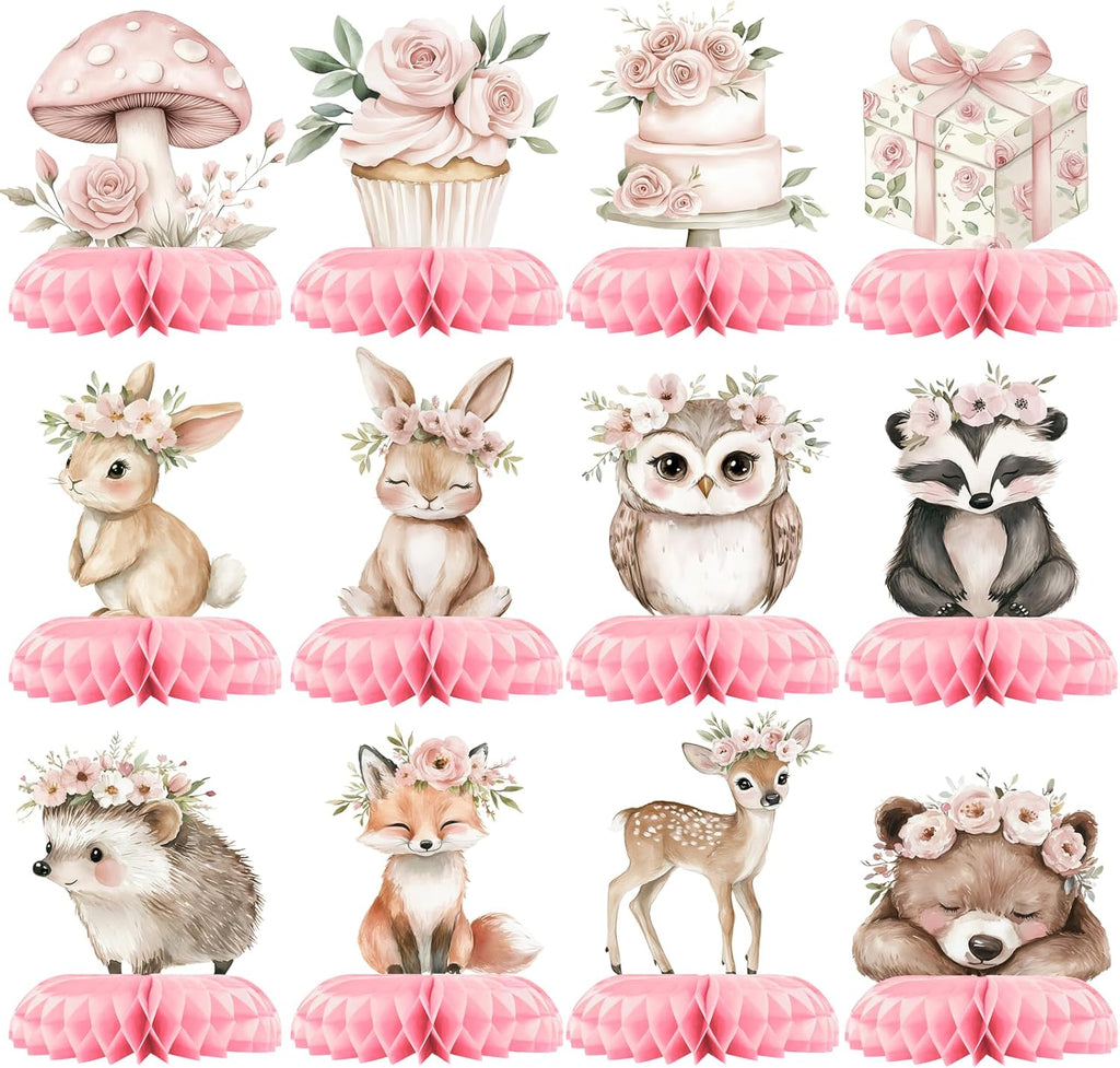 12 Pcs Girl Woodland Baby Shower Decorations - Pink Woodland Baby Shower Centerpieces for Tables - Woodland Animals Honeycomb Table Decor with Fox Deer Bunny Owl for Girl Baby Shower 1st Birthday