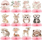 12 Pcs Girl Woodland Baby Shower Decorations - Pink Woodland Baby Shower Centerpieces for Tables - Woodland Animals Honeycomb Table Decor with Fox Deer Bunny Owl for Girl Baby Shower 1st Birthday