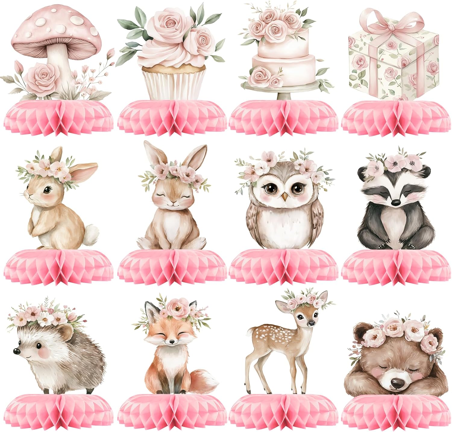 12 Pcs Girl Woodland Baby Shower Decorations - Pink Woodland Baby Shower Centerpieces for Tables - Woodland Animals Honeycomb Table Decor with Fox Deer Bunny Owl for Girl Baby Shower 1st Birthday