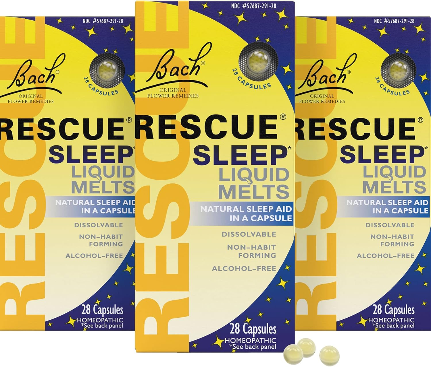 Bach Rescue Sleep Liquid Melts, Natural Orange Vanilla Flavor, Natural Sleep Aid, Stress Relief, Homeopathic Flower Essence, Free of Melatonin, Non-Alcohol, 3 Pack, 28 Count Each