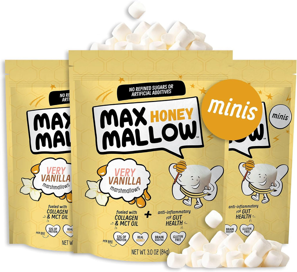 Max Mallow HONEY Mini Marshmallows - Very Vanilla - Gut Friendly, Gluten Free, No Refined Sugars, Real Wildflower Honey, Collagen-Infused Snack (3 Pack, Very Vanilla)