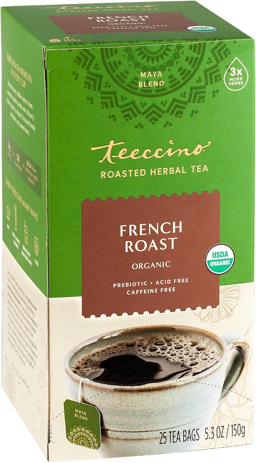 Teeccino French Roast Herbal Tea - Rich & Roasted Herbal Tea That’s Caffeine Free & Prebiotic for Natural Energy, Coffee Alternative, 25 Tea Bags