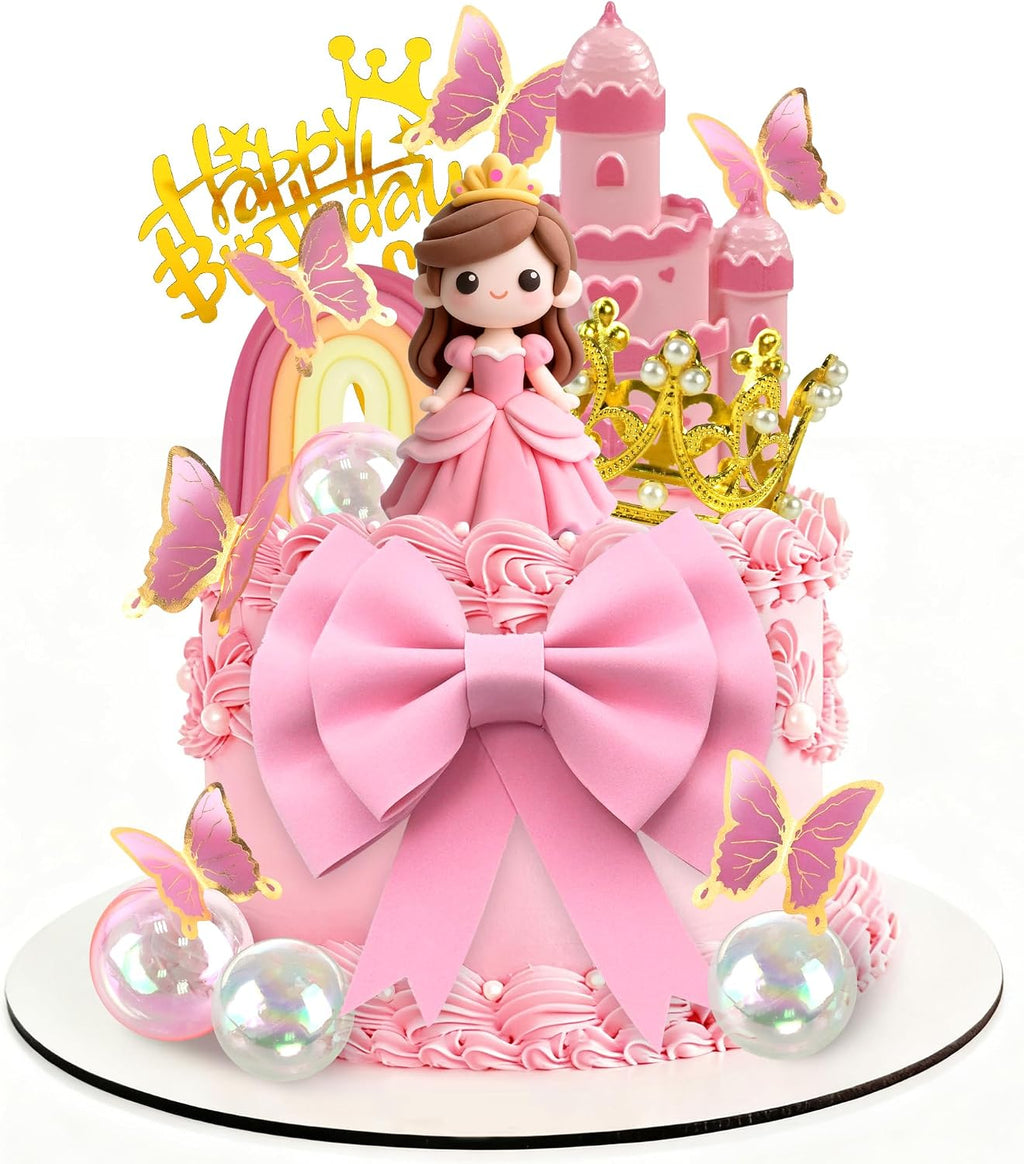 Princess Cake Toppers Castle Cake Decorations with Bows Butterflies Balls Rainbow for Princess Themes Birthday
