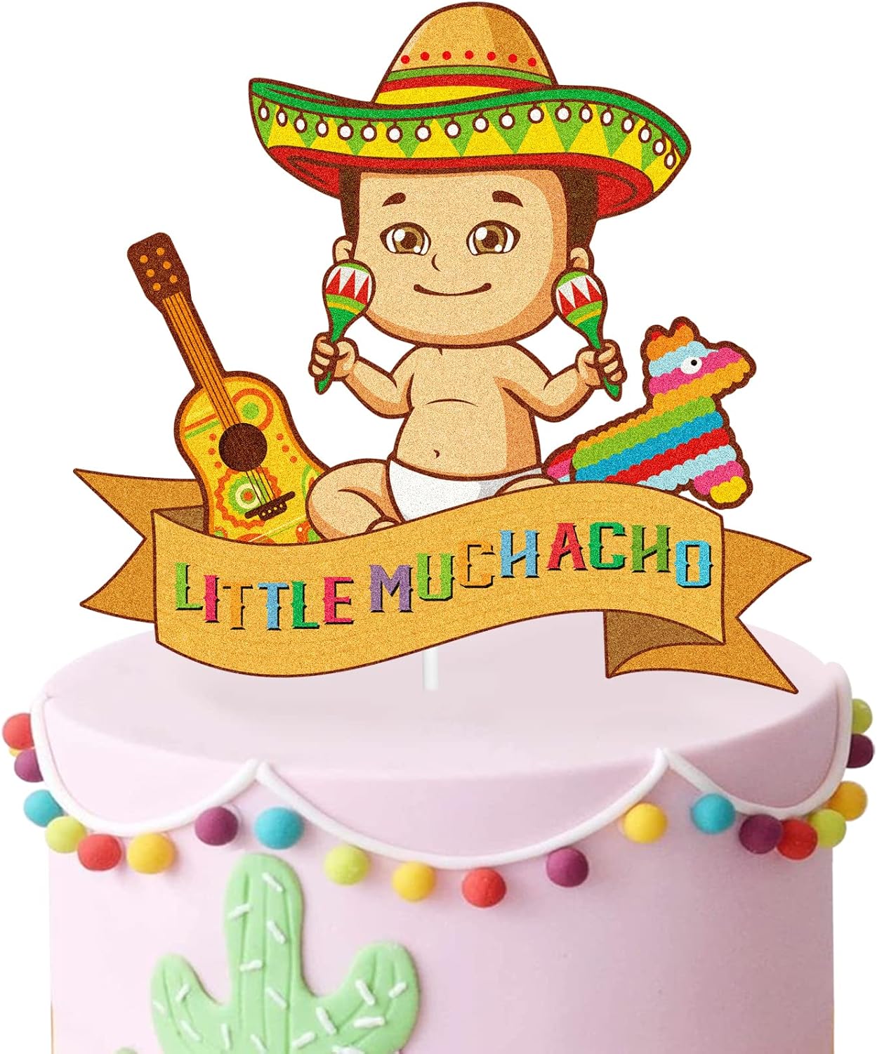 Little Muchacho Birthday Cake Topper - Boy Baby Shower - Gender Reveal Baby Muchacho On His Way - Glitter Sombrero Mexican Fiesta Party Decoration