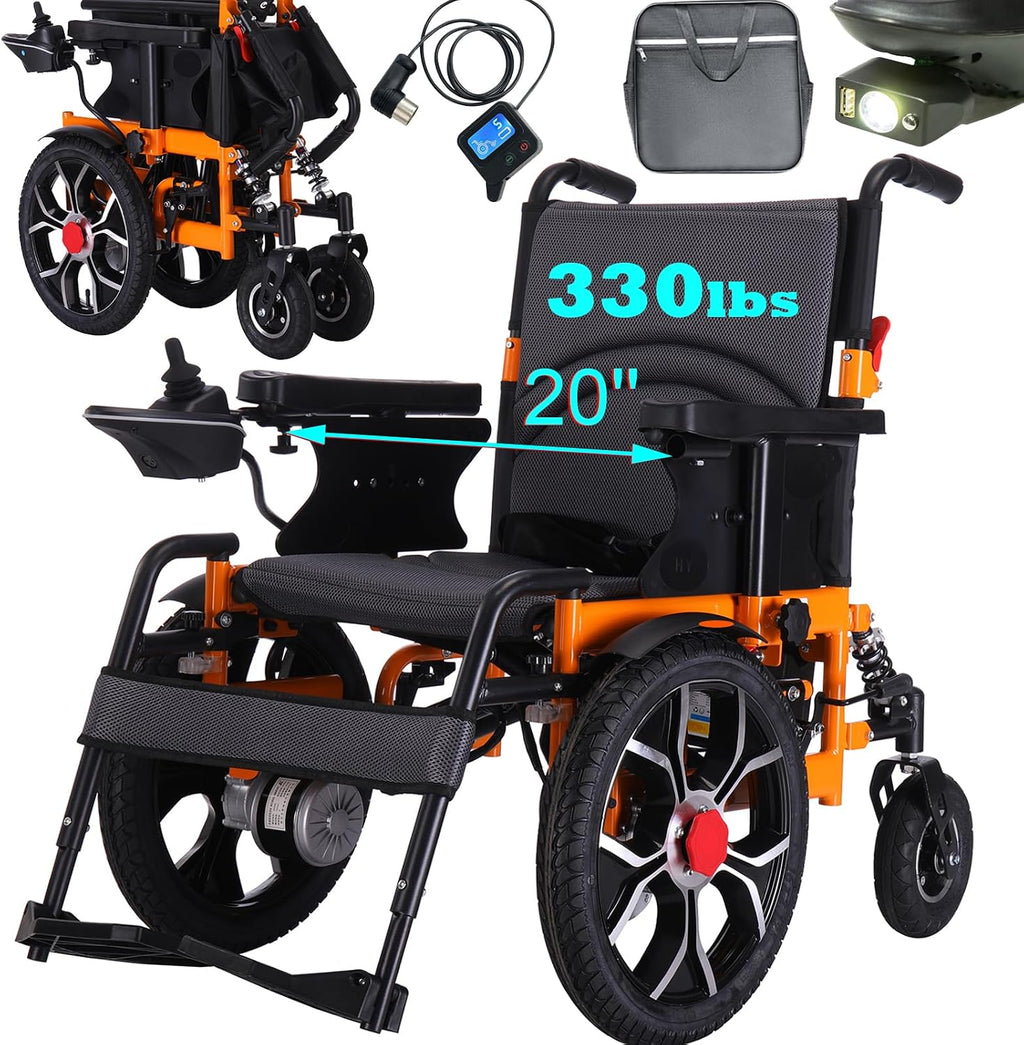 Upgraded 16" Big Front Wheel Electric Wheelchairs, USB Led Light, Dual Brakes, 20” Seat Width All Terrain Motorized Wheelchair, Wheelchairs for Adults 330lb, Backpack, Rear Control Included