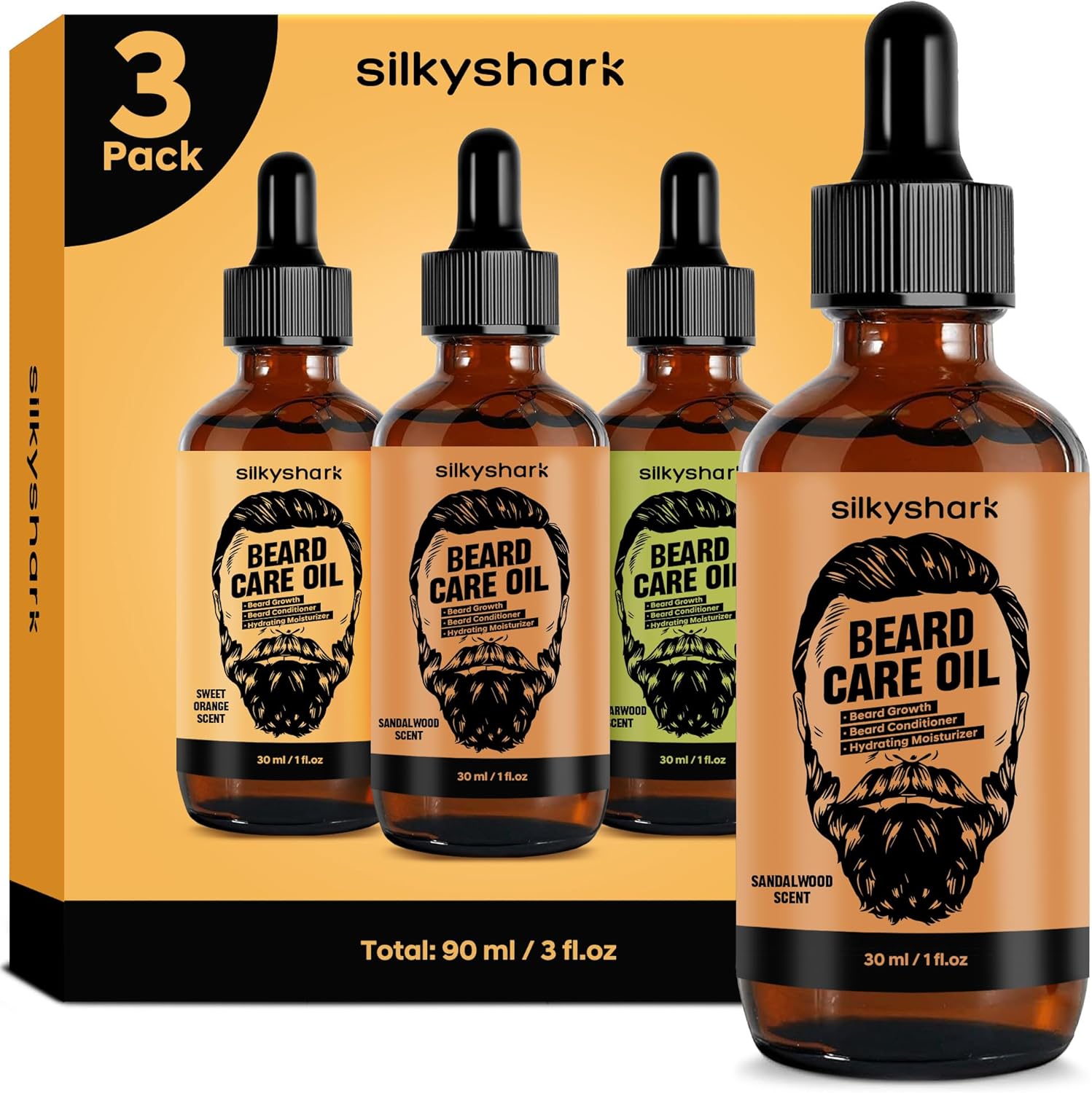 Beard Oil (3 Pack, 90ml), Beard Growth & Conditioning Oil for Men, Hydrating Beard Moisturizer for Grooming & Care, Sandalwood, Cedarwood, Sweet Orange Scents