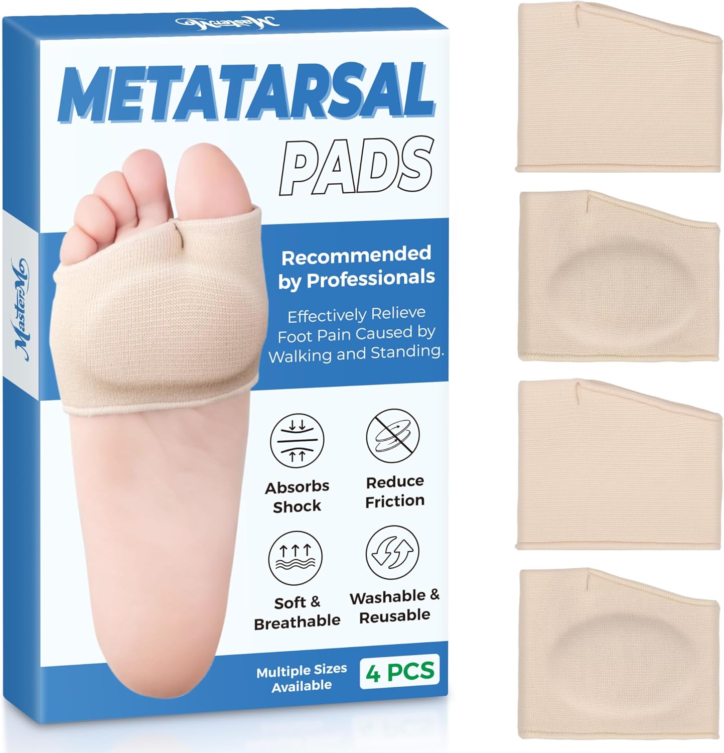 MasterMo Metatarsal Pads for Men and Women - Ball of Foot Pain Relief Cushions for Sesamoiditis, Metatarsalgia, Morton's Neuroma - 2 Pairs Fabric Sleeves with Gel Inserts (Beige, M)
