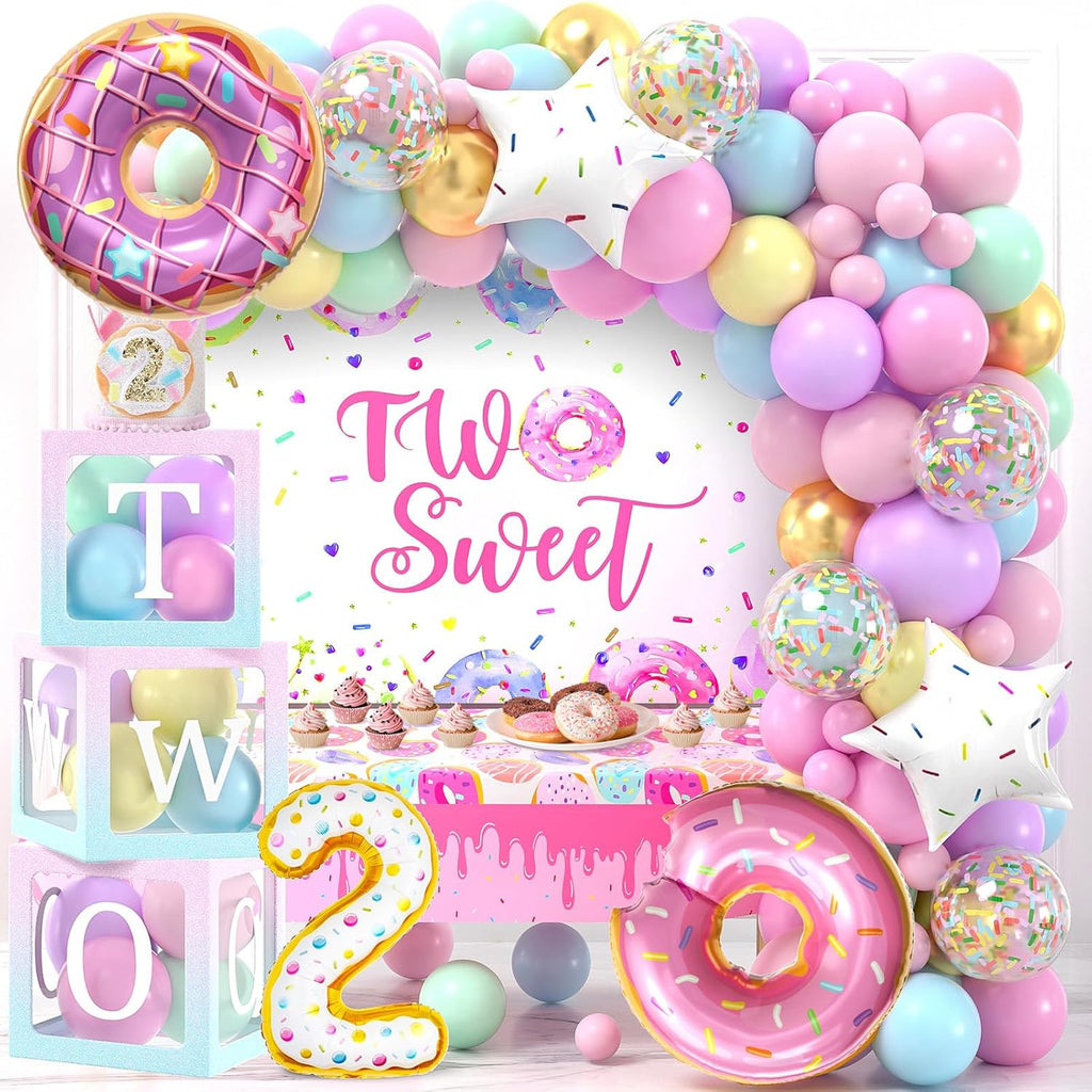 Two Sweet Birthday Party Decorations 2nd Birthday Supplies 'TWO' Boxes Donut Balloon Arch Backdrop Tablecloth Crown Foil Balloon Second 2 Year Old Birthdays Decorations for Girls