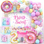 Two Sweet Birthday Party Decorations 2nd Birthday Supplies 'TWO' Boxes Donut Balloon Arch Backdrop Tablecloth Crown Foil Balloon Second 2 Year Old Birthdays Decorations for Girls
