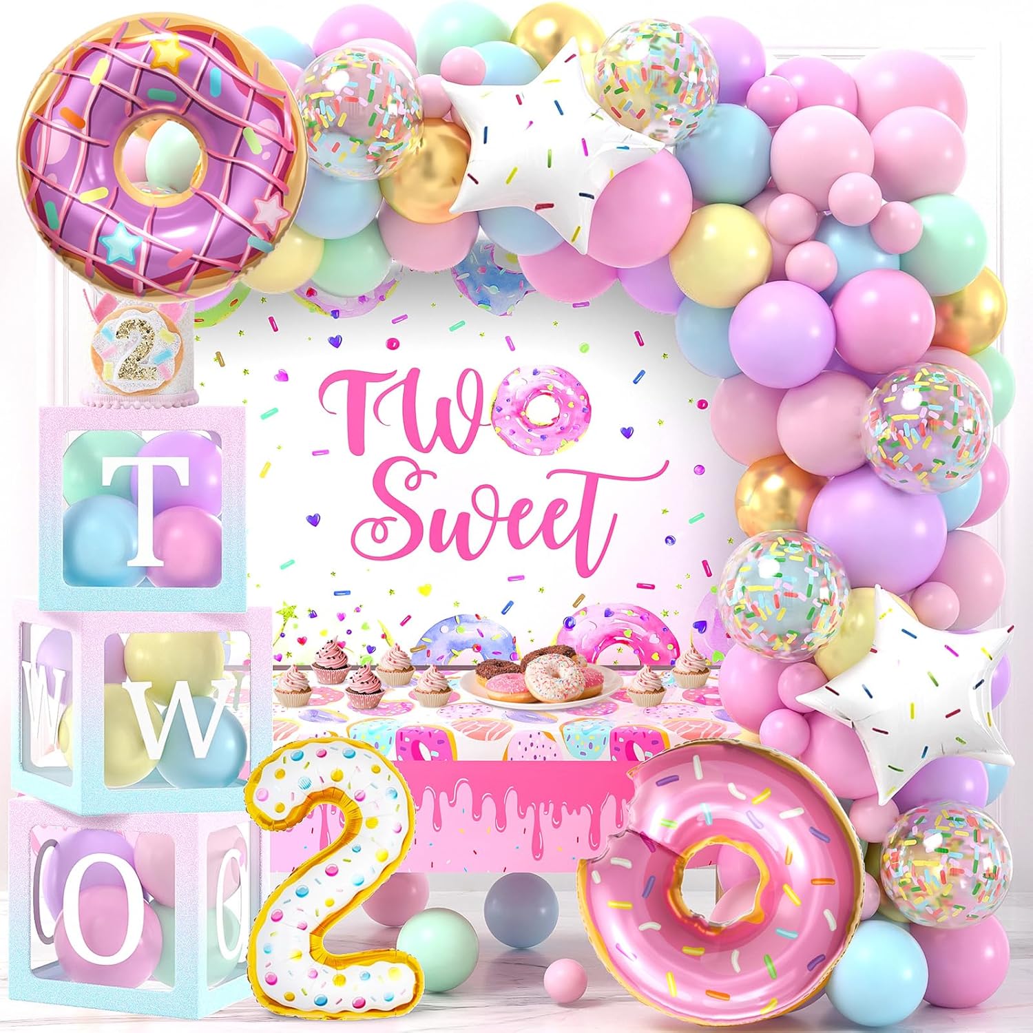 Two Sweet Birthday Party Decorations 2nd Birthday Supplies 'TWO' Boxes Donut Balloon Arch Backdrop Tablecloth Crown Foil Balloon Second 2 Year Old Birthdays Decorations for Girls