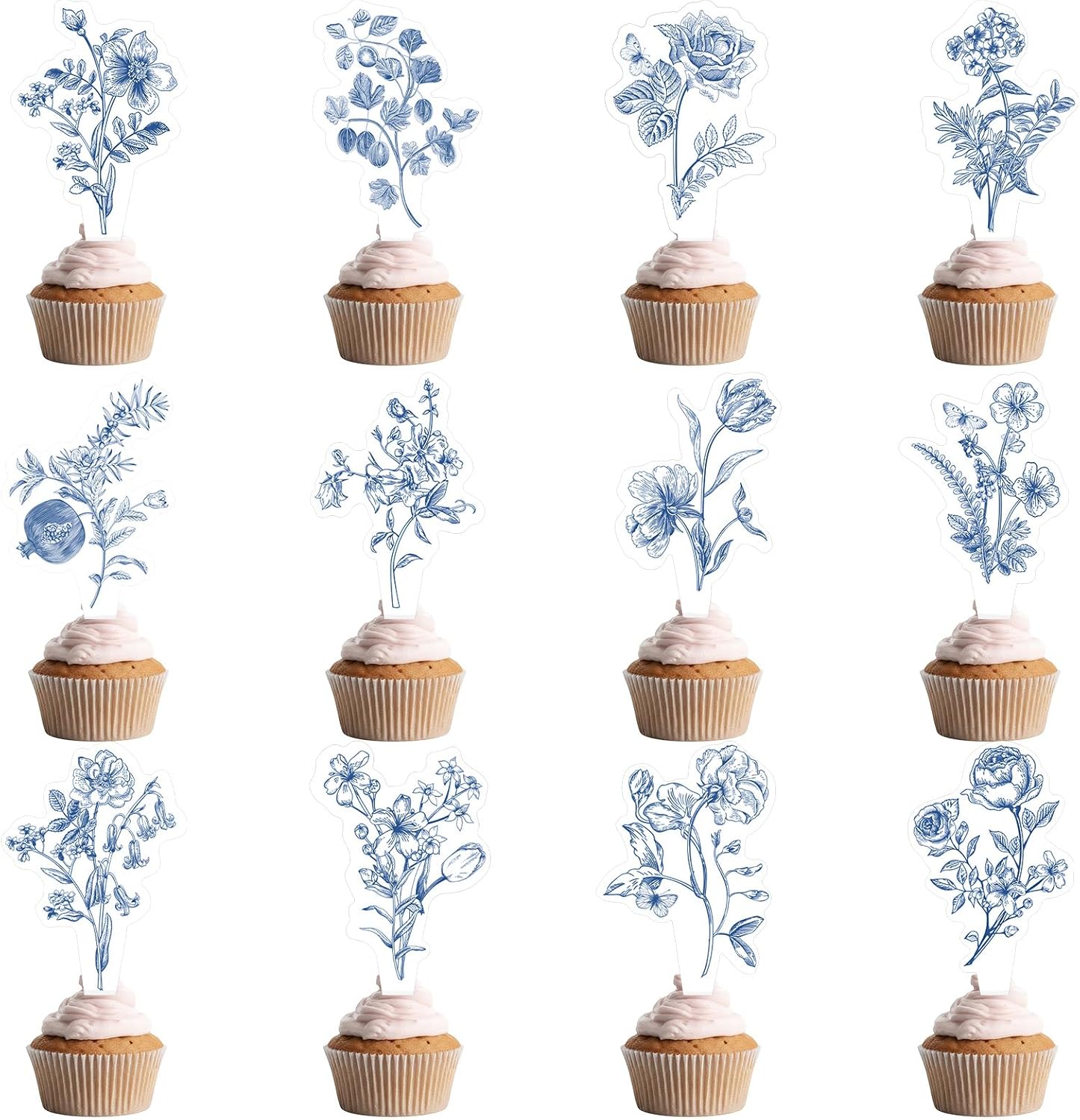 Bokon 48 Pcs Blue Floral Cupcake Toppers Baby in Bloom Cupcake Toppers Something Blue Before I Do Bridal Shower Decorations Chinoiserie Cake Decor for Wedding Birthday Baby Shower Party Supplies