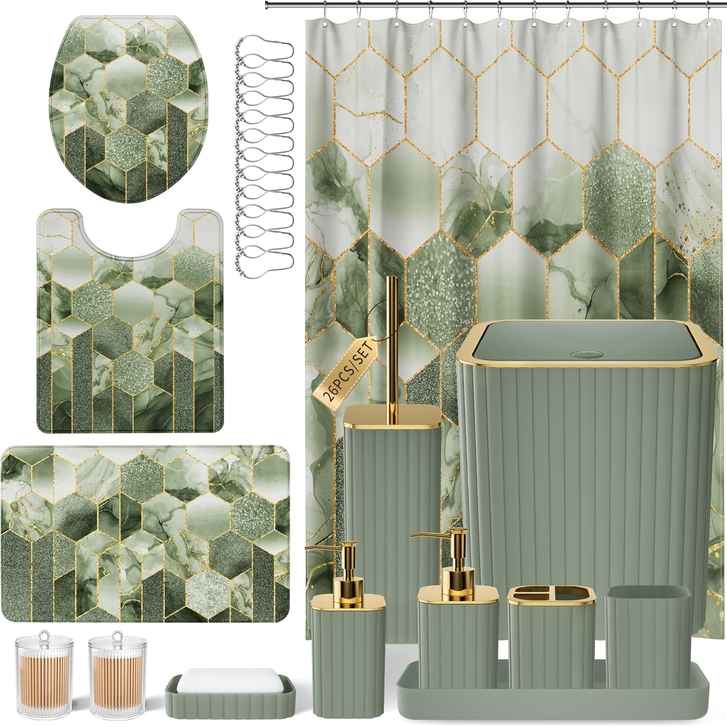 Bathroom Set - 26PC Bathroom Set with Shower Curtain and Rugs, Bathroom Accessory Set, Sage Green Bathroom Accessories Set, Trash Can & Soap Dispenser