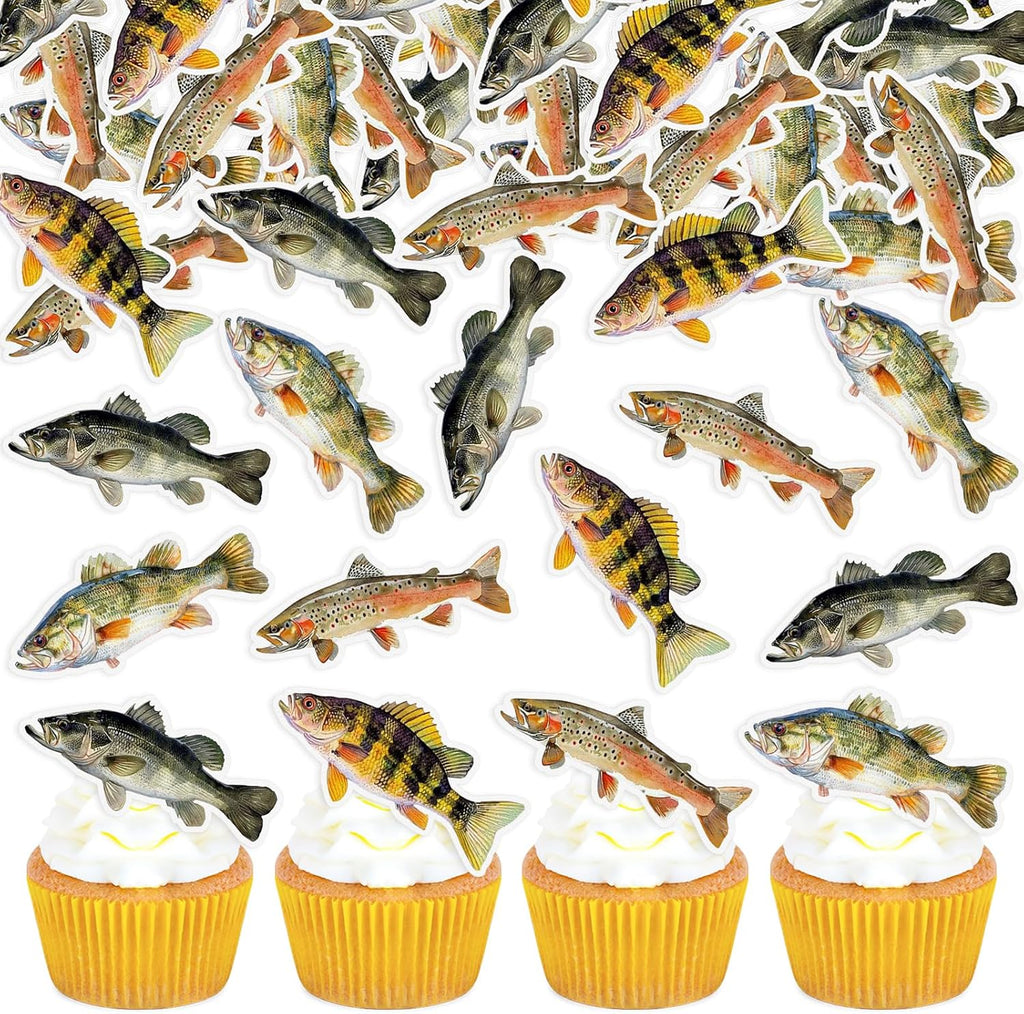 40PCS Edible Fish Cupcake Toppers Fishing Theme Party Cake Decorations Baby Shower Boys Girls Gone Fish Party Summer Theme Outdoor Fishing Party Favors Cake Decor Supplies
