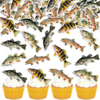40PCS Edible Fish Cupcake Toppers Fishing Theme Party Cake Decorations Baby Shower Boys Girls Gone Fish Party Summer Theme Outdoor Fishing Party Favors Cake Decor Supplies