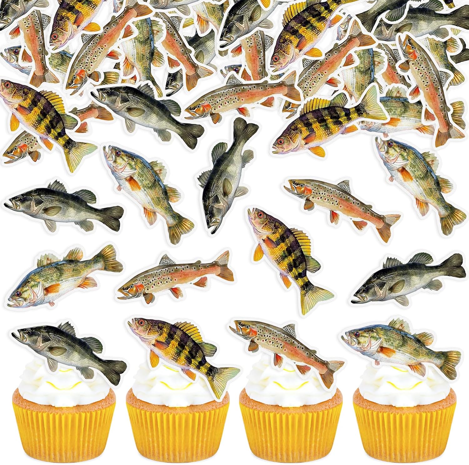 40PCS Edible Fish Cupcake Toppers Fishing Theme Party Cake Decorations Baby Shower Boys Girls Gone Fish Party Summer Theme Outdoor Fishing Party Favors Cake Decor Supplies