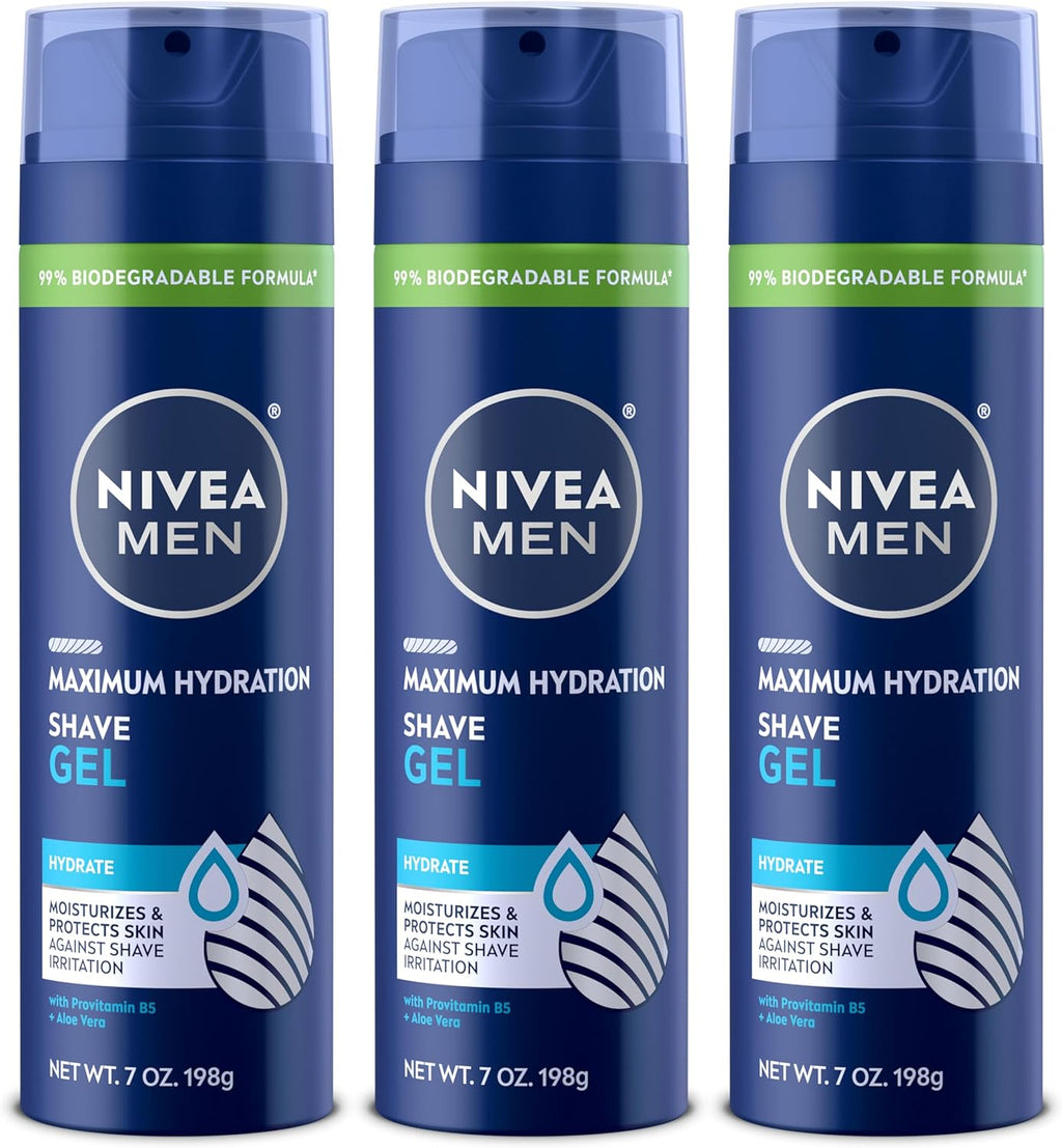 NIVEA MEN Maximum Hydration Shave Gel, with Aloe Vera and Provitamin B5, Shaving Gel for Men, 7 Oz Can, Pack of 3