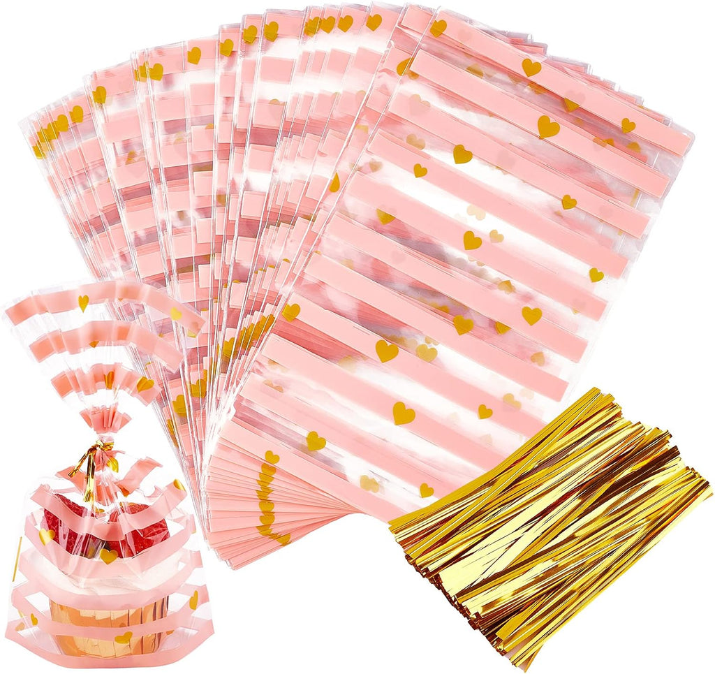 JOERSH 100 Pack Treat Bags, Pink Heart Cellophane Bags, Bottom Gusset Clear Plastic Candy Cookie Gift Goodie Snack Bag with Twist Ties for Party Favor Supplies