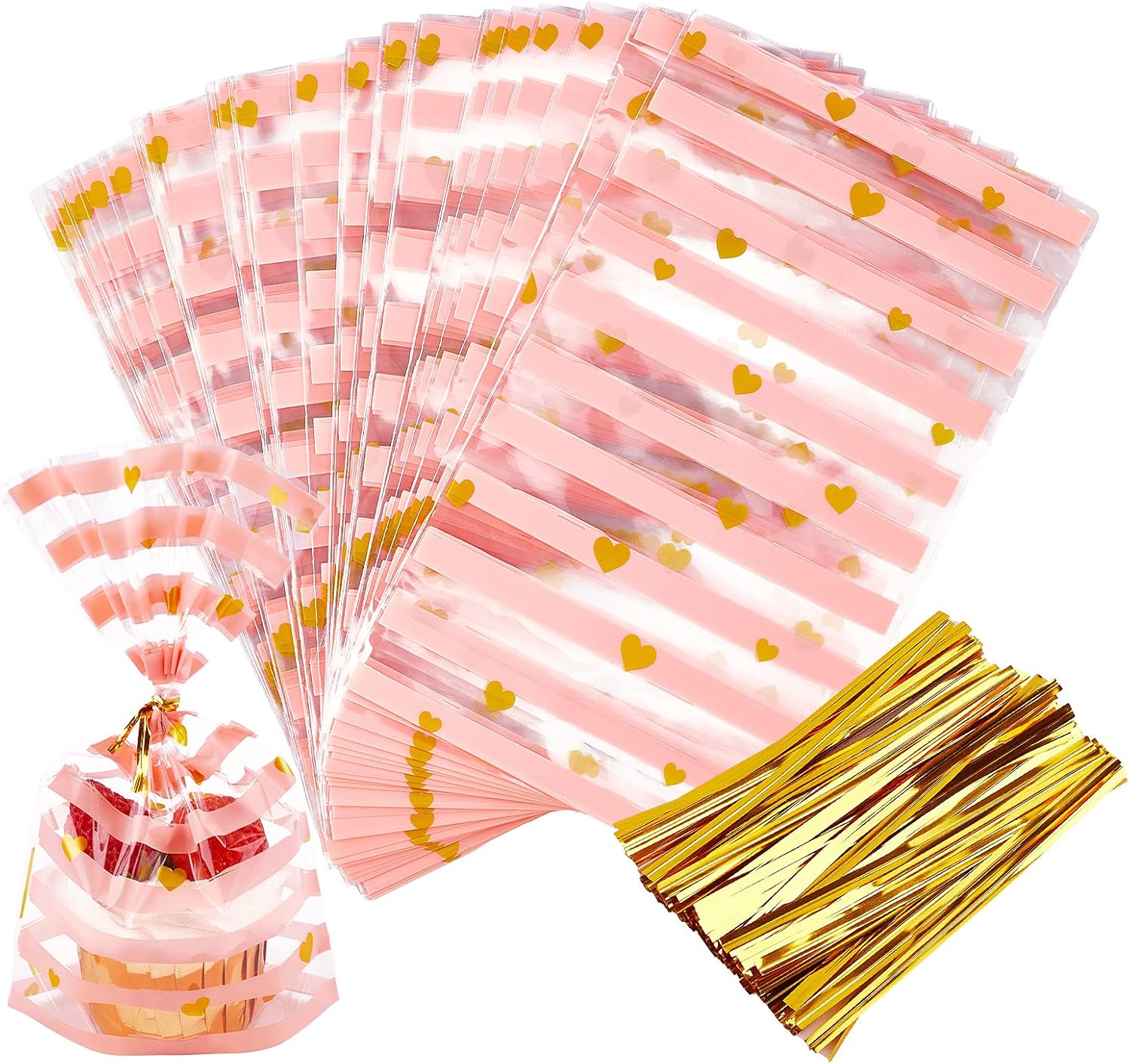 JOERSH 100 Pack Treat Bags, Pink Heart Cellophane Bags, Bottom Gusset Clear Plastic Candy Cookie Gift Goodie Snack Bag with Twist Ties for Party Favor Supplies