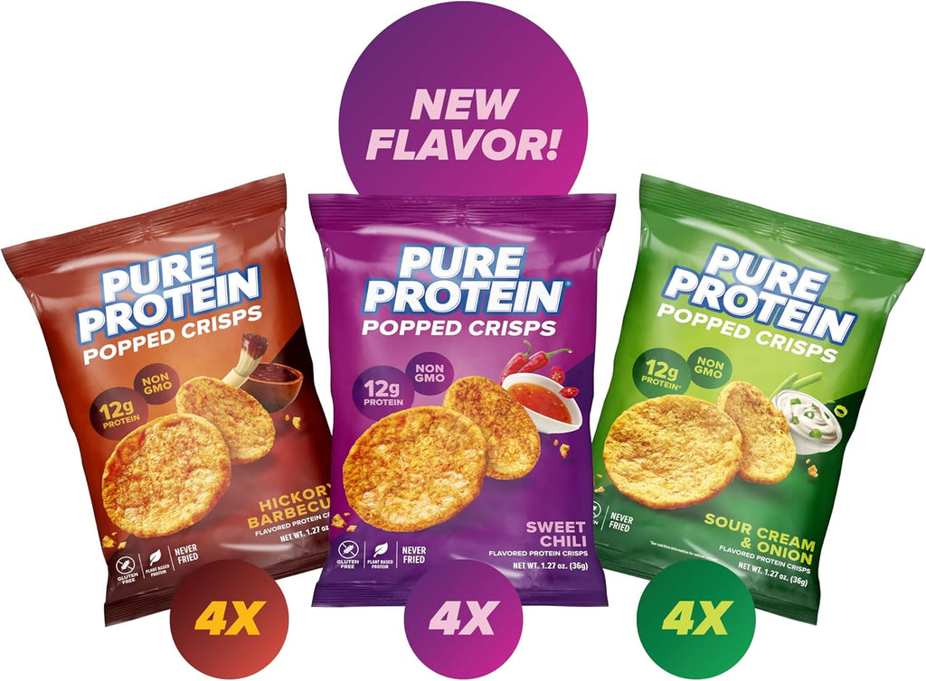 Pure Protein Popped Crisps - Variety Pack: Hickory Barbecue, Sour Cream & Onion, Sweet Chili - 12g Plant Based Protein, Gluten Free, Non GMO, Vegan, Air Popped & Puffed Crisps – Healthy Protein Snacks – 12 Pack