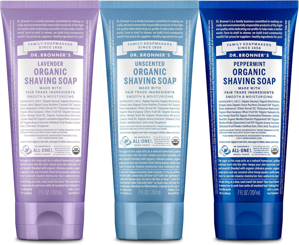 Dr. Bronner's - Organic Shaving Soap (7 oz, 3-Pack, Variety Pack) Lavender, Baby Unscented, & Peppermint - Certified Organic, Sugar & Shikakai Powder, Moisturizes, Use on Face, Underarms, & Legs
