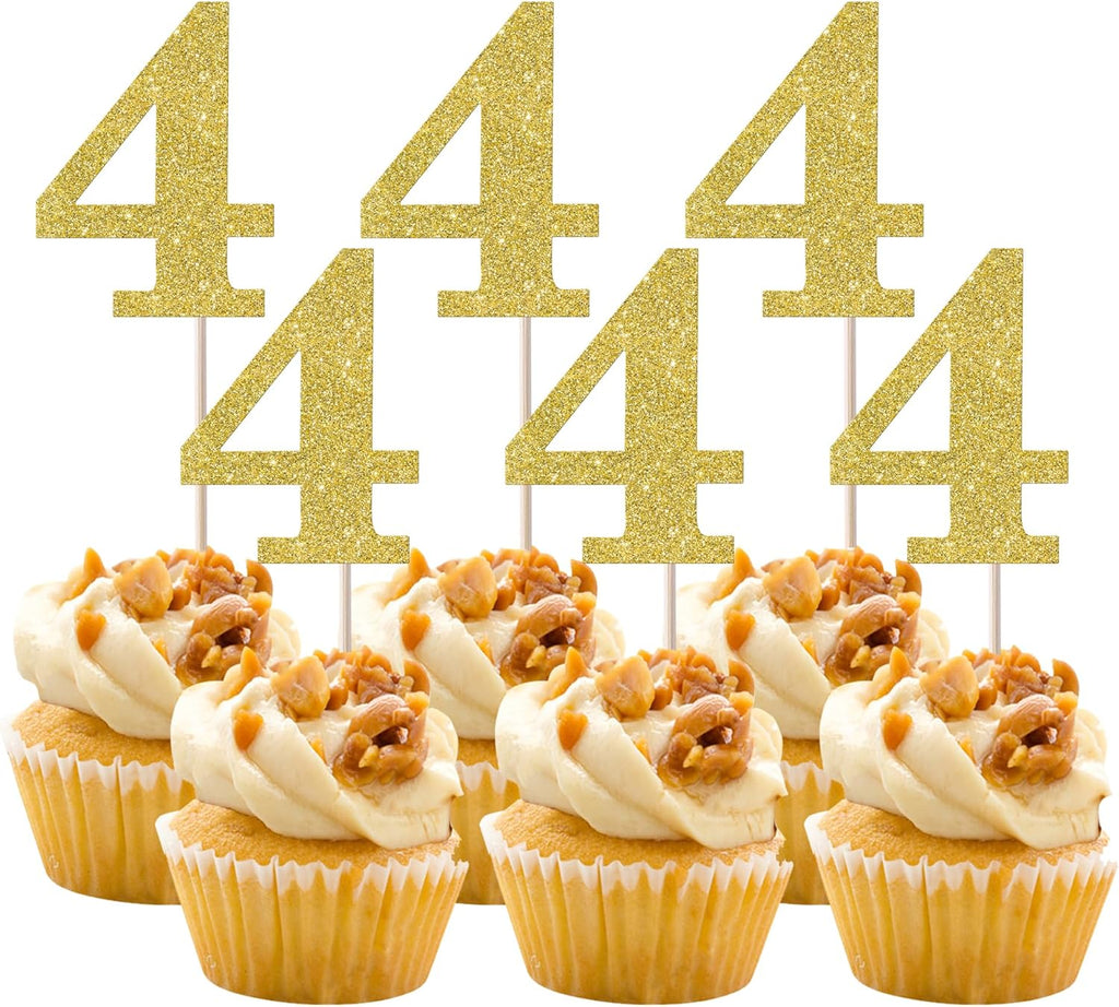 Rsstarxi 36 Pack 4th Birthday Cupcake Toppers Gold Glitter Number 4 Cupcake Picks Fourth Birthday Cake Decorations for Cheers to 4 Years Anniversary Party Decorations