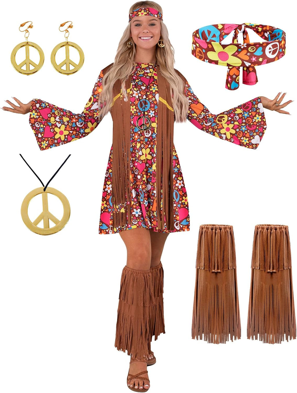 Spooktacular Creations Hippie Costume Women, Halloween 70s Outfits for Women, Adult Hippie Dresses for Halloween Party