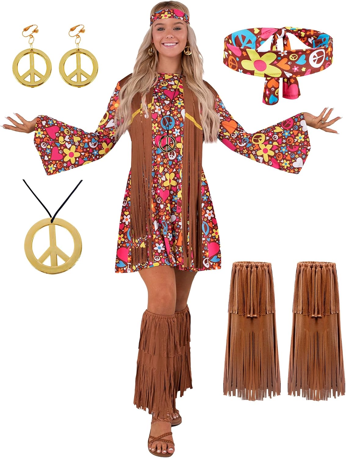 Spooktacular Creations Hippie Costume Women, Halloween 70s Outfits for Women, Adult Hippie Dresses for Halloween Party