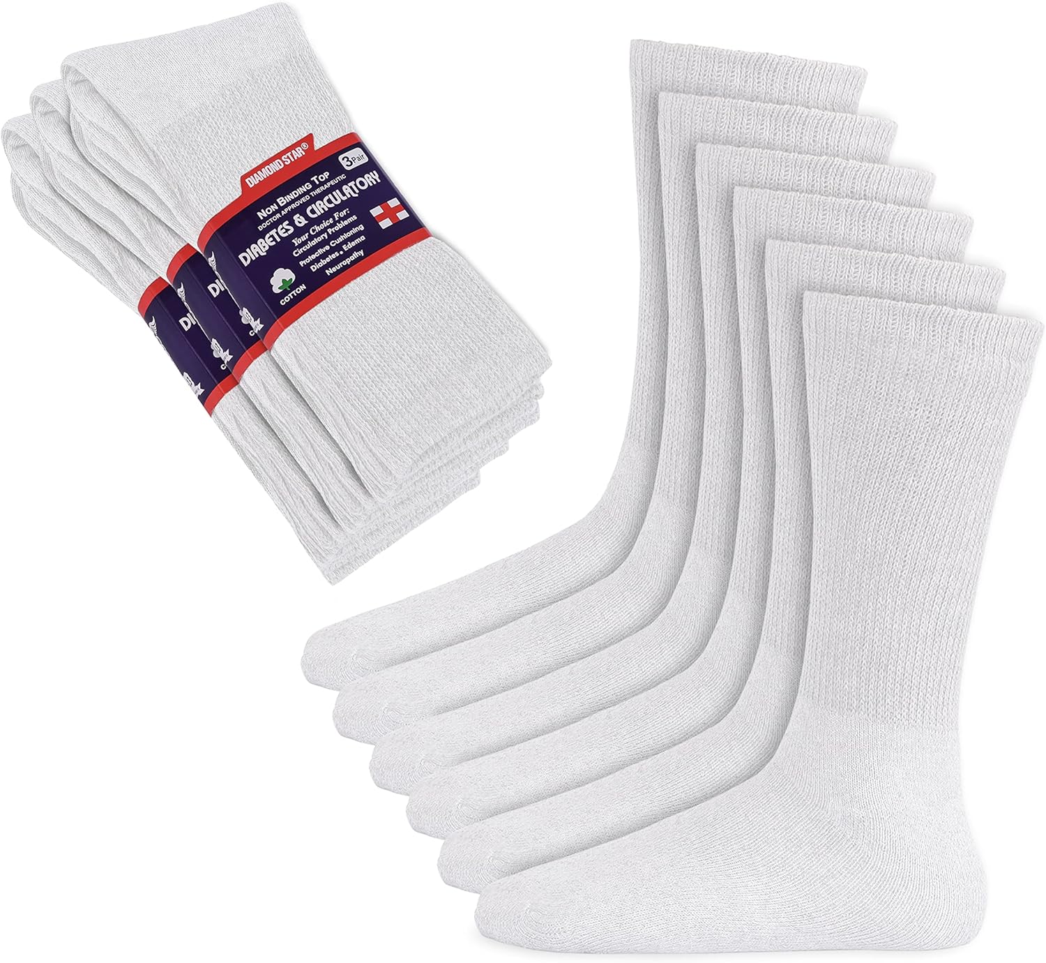 Diamond Star Diabetic Socks, Non-Binding Circulatory Cushion Cotton Crew Diabetic Socks for Men Women