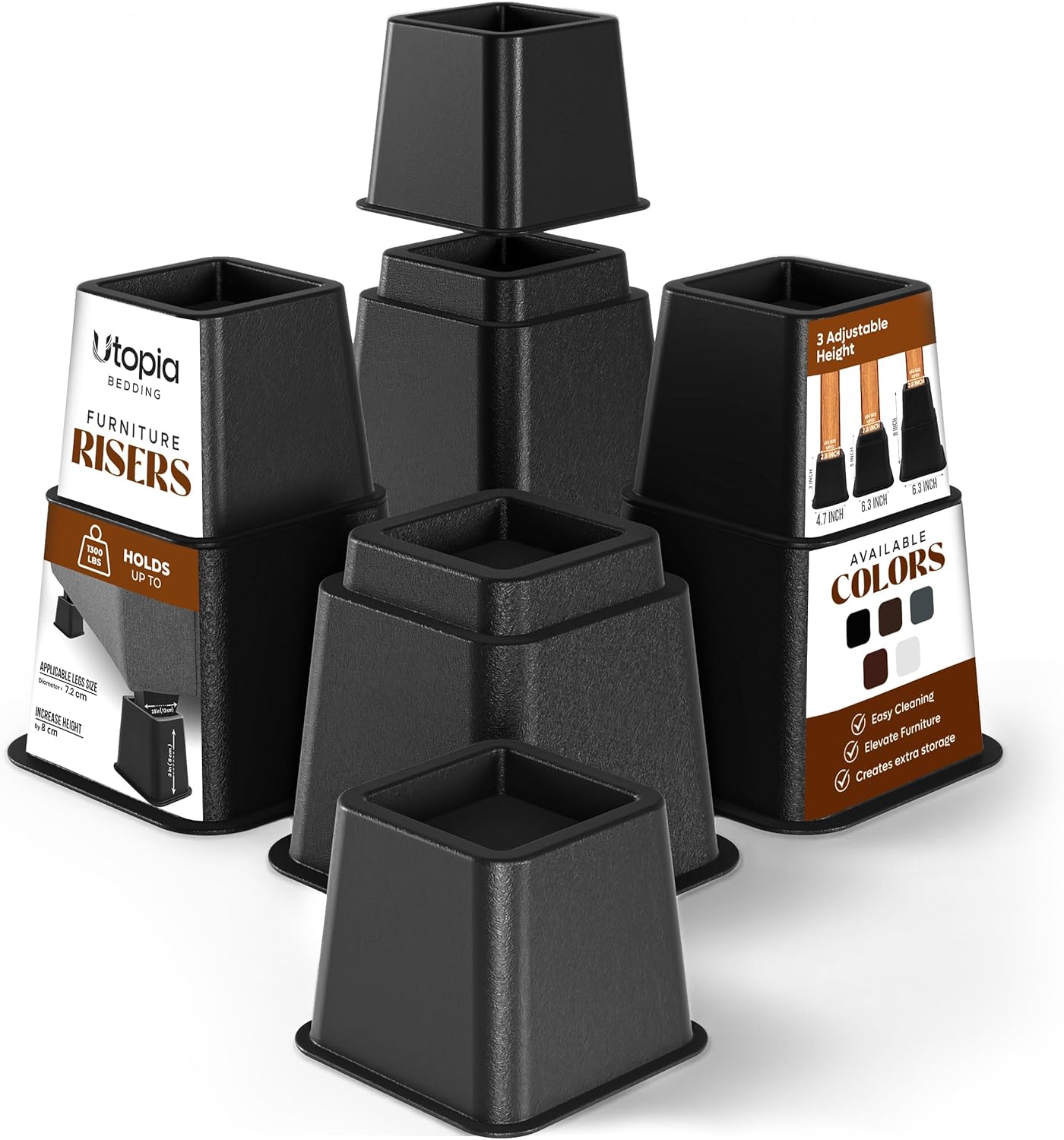 Utopia Bedding Bed Riser, 3 & 5 Inches Adjustable Furniture Risers for 8 Inch Combined Furniture Lift, Under Bed Storage & Dorm Room Essential, Supports Up to 1,300 lbs (4 Set, Black)