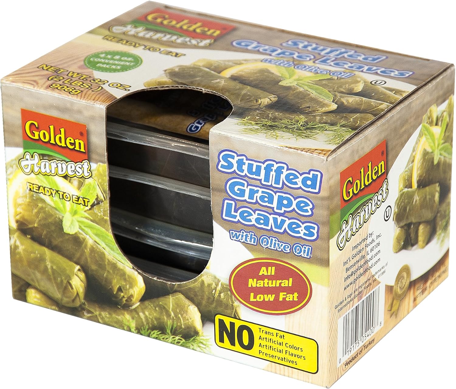 Golden Harvest Stuffed Grape Leaves 32oz (2 LB), Olive Oil Based Prepared Food, Gluten Free Healthy Dolmas Stuffed Vine Leaves in BPA Free Containers,