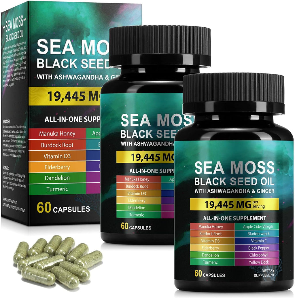 Sea Moss Black Seed Oil with Ashwagandha & Ginger, Turmeric Burdock Root Bladderwrack & Vitamin C, Vitamin D3, Sea Moss Capsule Supplement for Immunity & Energy, Skin, Hair (120 Capsules)