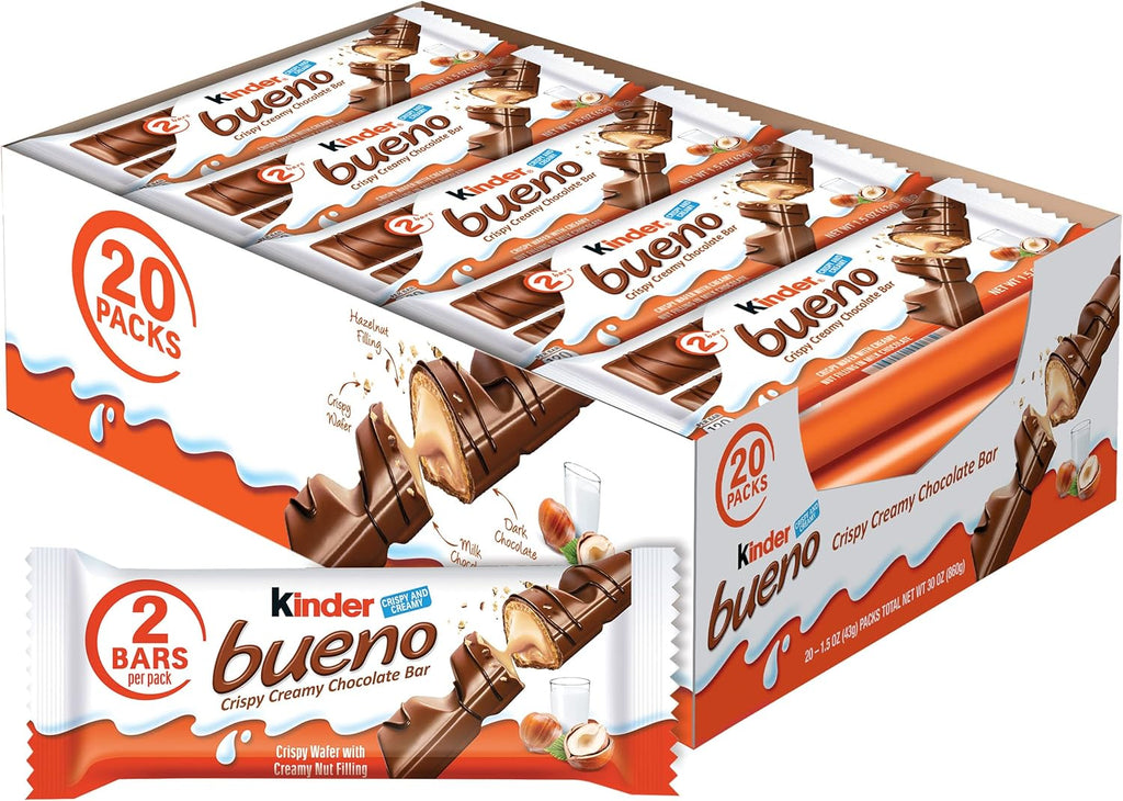 Kinder Bueno Milk Chocolate Bars with Crispy Wafer and Hazelnut Cream, 20 Count, 2 Bars per Pack, 1.5 oz Each