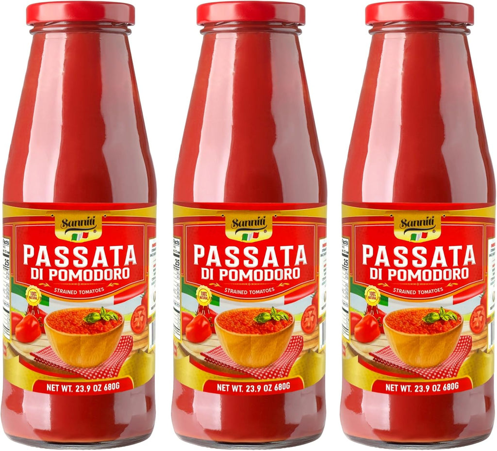 Sanniti Passata di Pomodoro | Strained Tomatoes | 100% Natural Italian Tomatoes | 23.9 oz Glass Jar| Product of Italy | No Additives or Preservatives (Pack of 3)