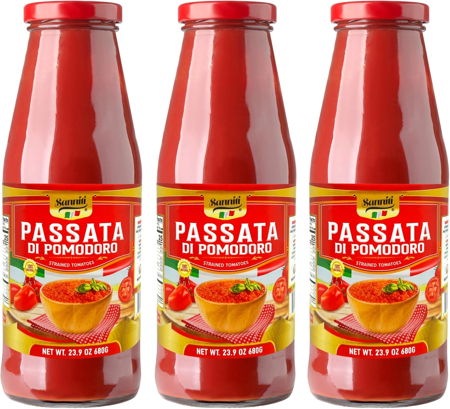 Sanniti Passata di Pomodoro | Strained Tomatoes | 100% Natural Italian Tomatoes | 23.9 oz Glass Jar| Product of Italy | No Additives or Preservatives (Pack of 3)