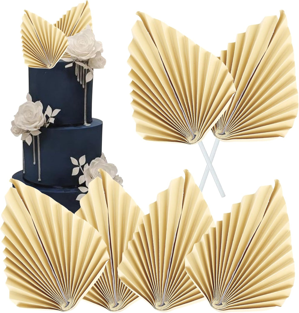 6 PCS Paper Palm Leaves Fan Cake Toppers Palm Leaf Fan Cake Picks Craft DIY Fan Cupcake Toppers Palm Spear Leaves Cake Decorations for Baby Shower Wedding Birthday Party Decor Supplies Beige