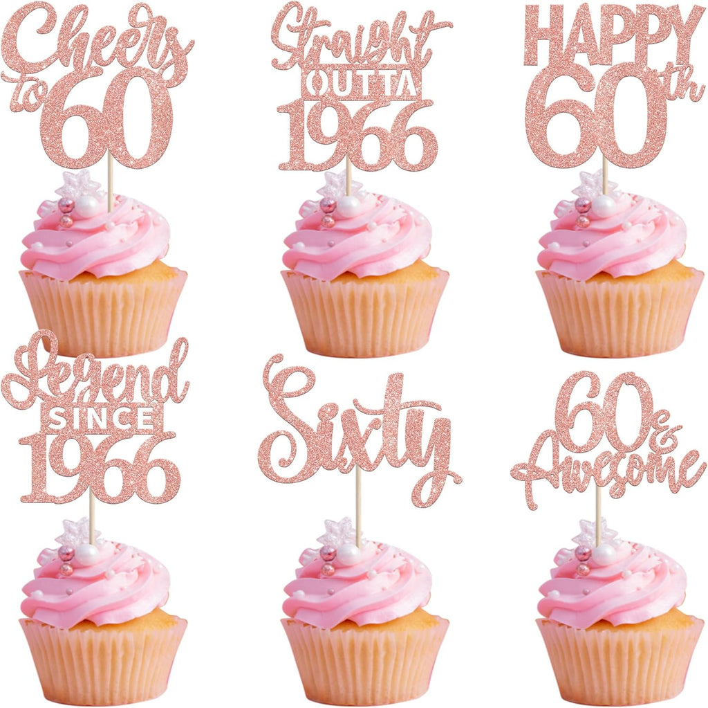24PCS Happy 60th Birthday Cupcake Toppers Sixty Straight Outta 1966 Cupcake Picks Cheers to 60 Lengend Since 1966 Cake Decorations for 60th Birthday Anniversary Party Decorations Supplies Rose Gold
