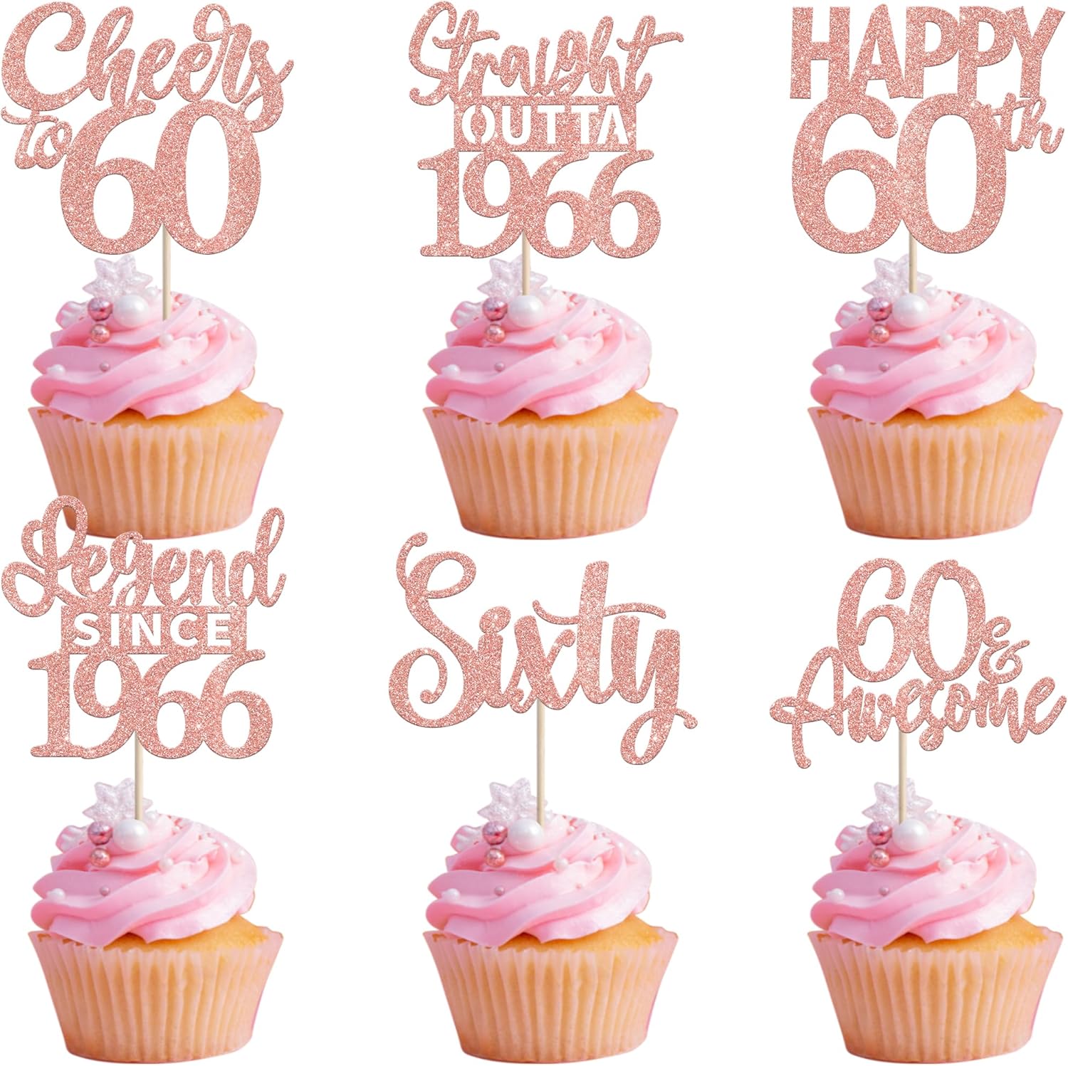 24PCS Happy 60th Birthday Cupcake Toppers Sixty Straight Outta 1966 Cupcake Picks Cheers to 60 Lengend Since 1966 Cake Decorations for 60th Birthday Anniversary Party Decorations Supplies Rose Gold