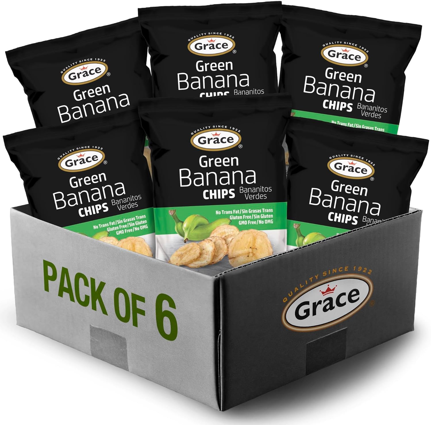 Grace Green Banana Chips 2.5oz - 6 Pack Plantain Individual Bags - Jamaican Gluten Free Bananitos Verdes - Non-GMO & No Trans Fat
