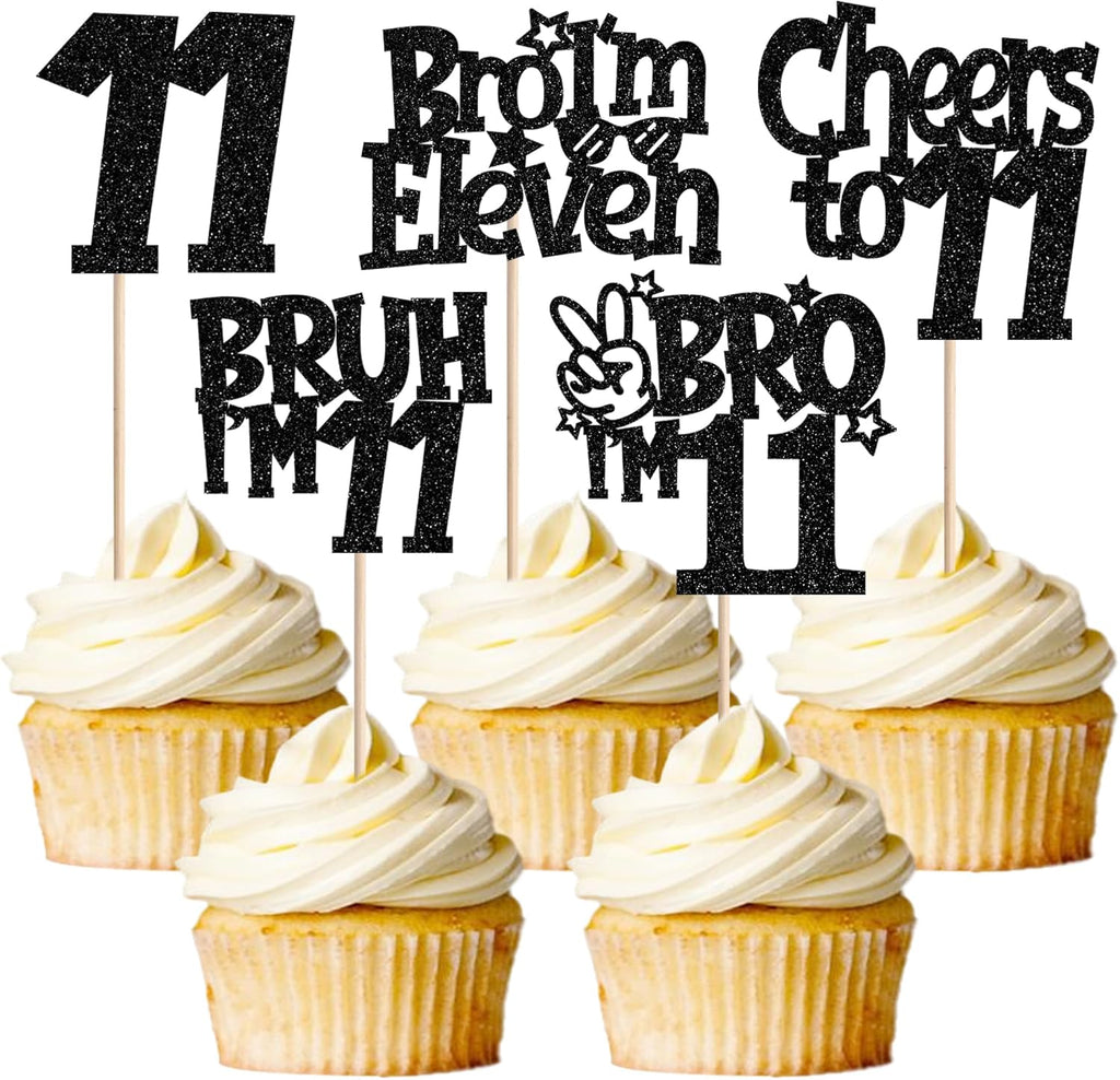 30 PCS Bro I'm 11 Cupcake Toppers Glitter Happy 11th Birthday Cupcake Picks Bruh I'm 11 Cake Decoration Cheers to Eleven Years for Boys Brother 11th Birthday Party Cake Decorations Supplies Black