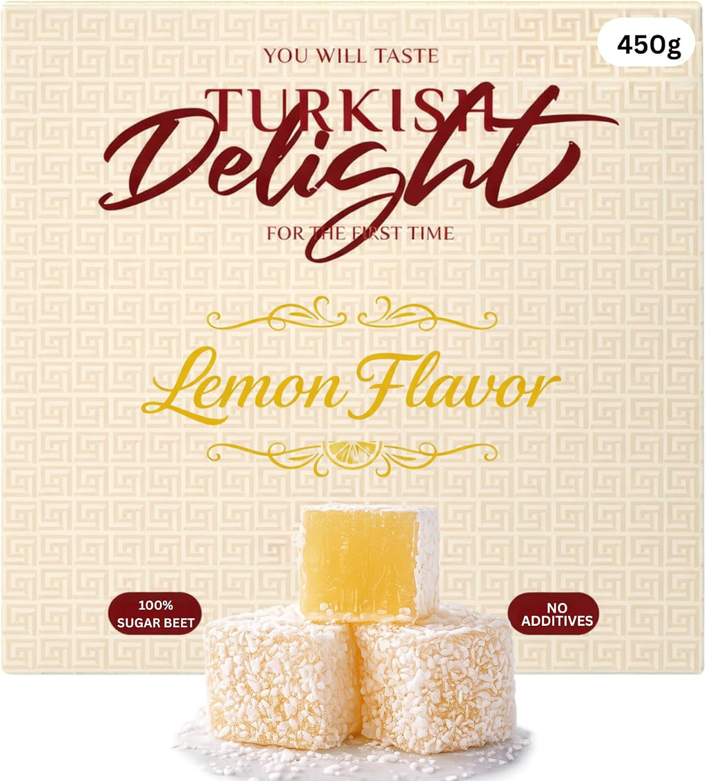 Lemon Flavored Turkish Delight 450g (~1lb) – Coconut Covered Lokum – Soft & Chewy Citrus Candy – Traditional Turkish Sweets – Vegan, No Additives, 100% Sugar Beet