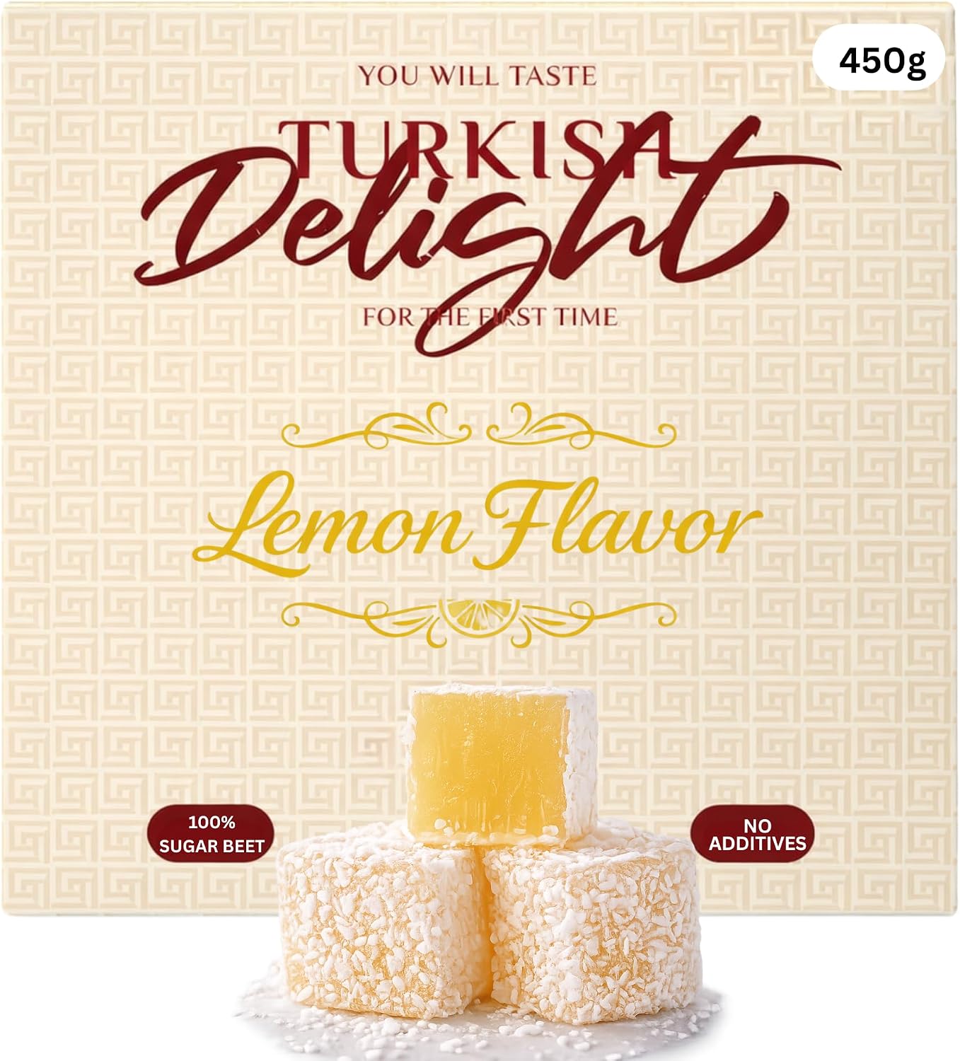 Lemon Flavored Turkish Delight 450g (~1lb) – Coconut Covered Lokum – Soft & Chewy Citrus Candy – Traditional Turkish Sweets – Vegan, No Additives, 100% Sugar Beet
