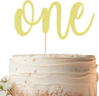 One Cake Topper - Gold Glitter 1st Birthday Cake Decorating Supplies for Boys or Girls, First Birthday Cake Topper for Baby Shower 1st Birthday Party Supplies Photo Booth Props