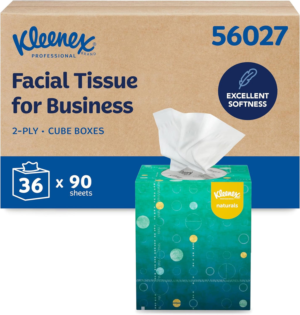 Kleenex Professional Naturals Facial Tissue with Plastic-Free Eco Packaging, Bulk (56027), 2-Ply, White, Upright Cube Boxed Format, Designed for Business (90 Tissues/Box, 36 Boxes, 3,240 Sheets/Case)