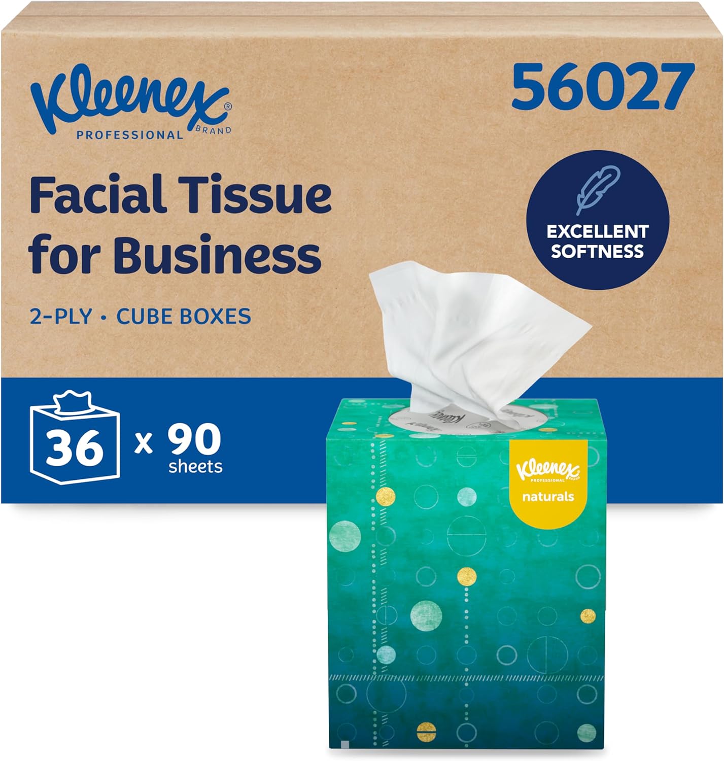 Kleenex Professional Naturals Facial Tissue with Plastic-Free Eco Packaging, Bulk (56027), 2-Ply, White, Upright Cube Boxed Format, Designed for Business (90 Tissues/Box, 36 Boxes, 3,240 Sheets/Case)