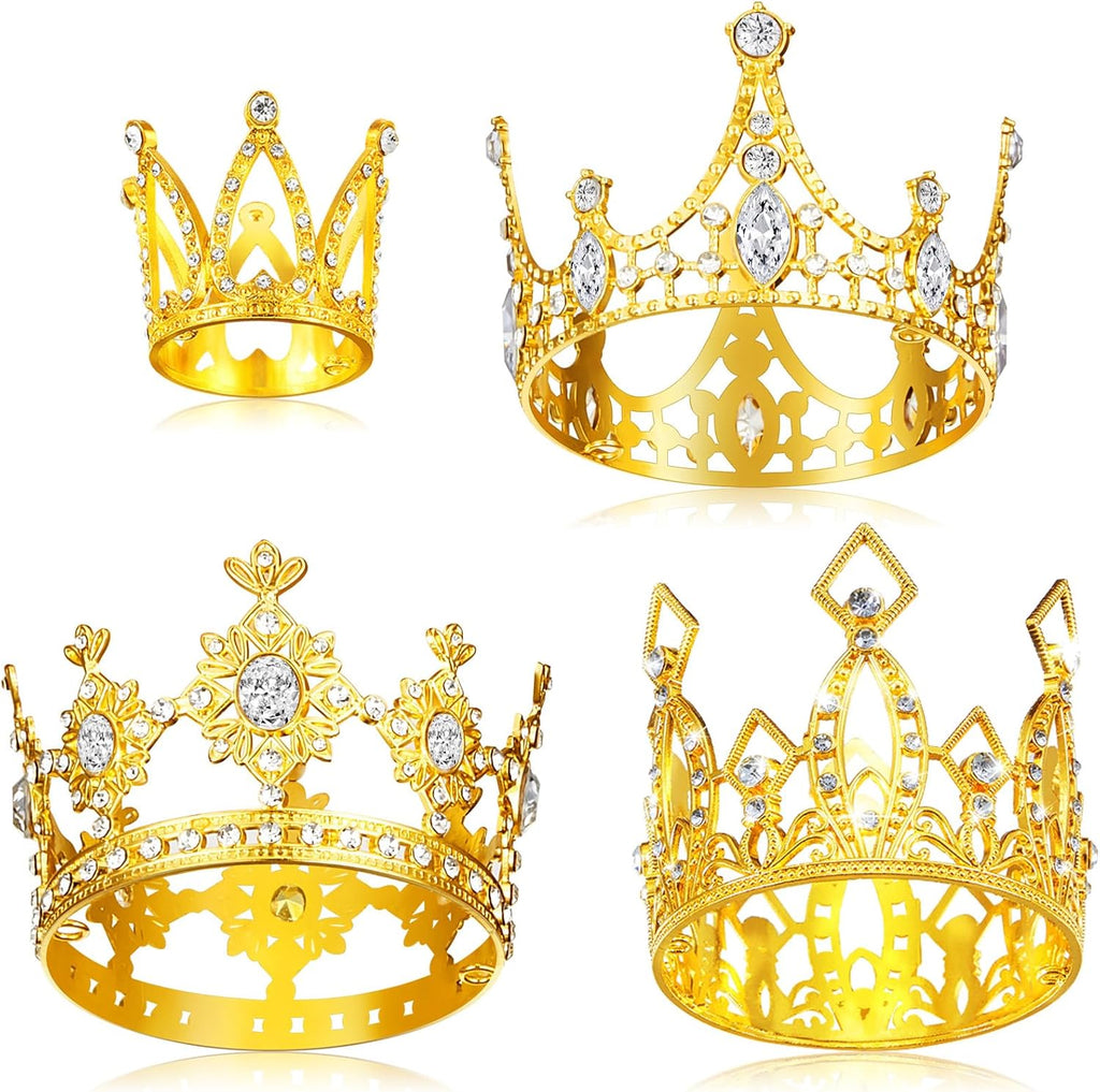 Jetec 4 Pcs Mini Crown Cake Topper Flower Bouquets Accessories, Metal Rhinestone Princess Tiara, Royal Decor for Baby Shower, Wedding, Birthday & Pets(Gold,Fresh Style)