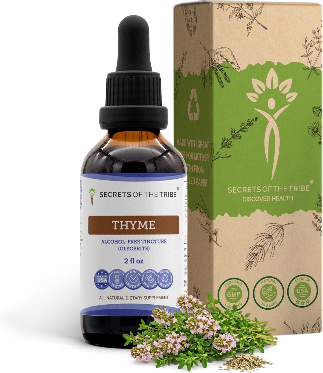 Secrets of the Tribe Thyme Alcohol-Free Liquid Extract, Thyme (Thymus Vulgaris) Dried Leaf Tincture Supplement (2 FL OZ)