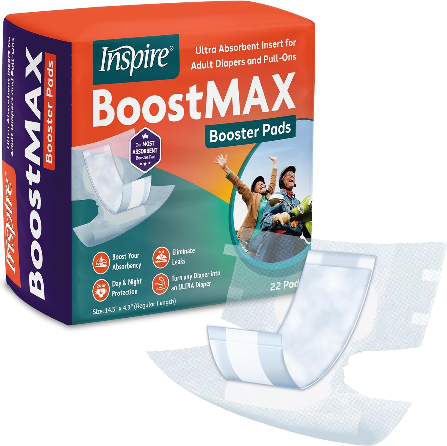 Inspire Incontinence Booster Pads Super Absorbent Absorbs Over 5 Cups | Liner Women and Men | Inserts for Adult Diapers Overnight 22 Count